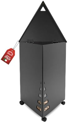MOHOME Palettenhalter für den Innenbereich, hergestellt in Italien, dreieckig, aus Stahl, schwarz, 65 x 39 x 34 cm, Kapazität 30 kg, drehbare Räder, Korb für Pelletofen, Kamin
