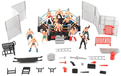 Vikye 32-teiliges Wrestling-Spielset, Mini-Wrestler-Spielset mit 12 Wrestlern und 6-seitigem Ring, Tischleiterkäfig-Zubehör für Cake Topper-Partys (Wie Gezeigt)