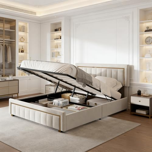 EZSSW Polsterbett 140x200 cm mit Stauraum, Boxspringbett 140x200 mit Bettkasten, Samtbett Beige mit Lattenrost, Metallrahmen & hydraulischer Öffnung (Beige, 140 x 200 cm)