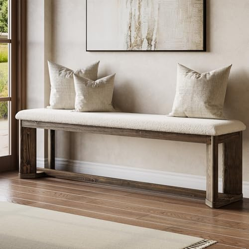 LITTLE TREE 63 Upholstered Bench, Solid Wood Entryway Shoe Bench with Cushion, Long Modern Farmhouse End of Bed Bench with Antique Brown Legs & Faux Lamb Fur Seat for Bedroom, Living Room, Dining