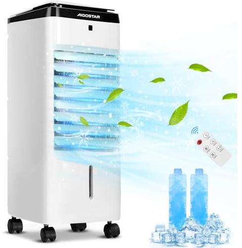 Aigostar Climatizador Evaporativo 4 en 1, con Mando a Distancia, 3 Modos y 3 Velocidades, Climatizador Portatil con Ventilador Humidificador Purificador, Temporizador 12 Horas, 3,5 L, 2 Cajas de Hielo