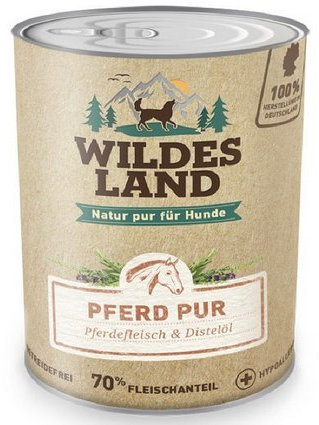 Wildes Land - Nassfutter für Hunde - Pferd PUR - 6 x 400 g - mit Distelöl - Getreidefrei & Hypoallergen - Extra hoher Fleischanteil von 70% - Beste Akzeptanz und Verträglichkeit