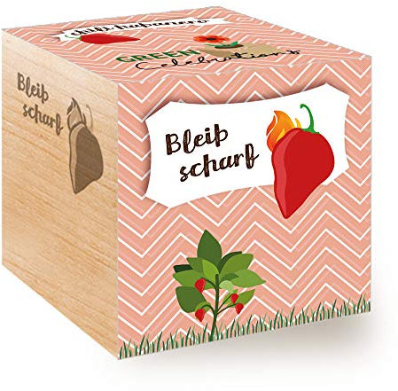 Feel Green 296664 Celebrations Ecocube, Chili Habanero, Holzwürfel Mit Lasergravur «Bleib Scharf», Nachhaltige Geschenkidee, Anzuchtset, Made in Austria