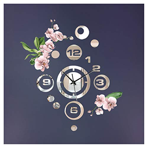 Little Deco Moderne Design Wanduhr mit Spiegel und Blumen I (BxH) 43 x 47 cm I Dekouhr Uhrwerk 3D Design Aufkleber selbstklebend Wanddeko Wandaufkleber Wandtattoo DL424