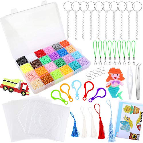 22000PCS 2.6MM Mini DIY Fuse Beads Set 24 Colours, 3 Large Plastic Fuse Beads Pegboards Template Beads Boards, 5 Iron Papers, 2 Tweezers, 15 Key Rings, 15 Hang Cords, Idea Design Booklet