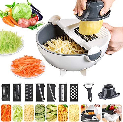 Rotate Vegetable Cutter, 9 in 1 Multifunction Vegetable Slicer with Drain Basket Large Capacity Vegetables Chopper Portable Veggie Shredder Grater