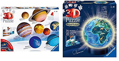 Ravensburger 3D Puzzle Planetensystem für Kinder ab 7 Jahren - 8 Puzzleball-Planeten als Sonnensystem Modell mit Poster & 3D Puzzle 11844 - Nachtlicht - Erde bei Nacht - 72 Teile