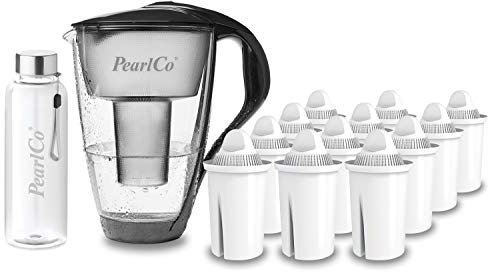 PearlCo - Glas-Wasserfilter (anthrazit) mit 12 Universal classic Filterkartuschen + 1 Trinkflasche aus Glas