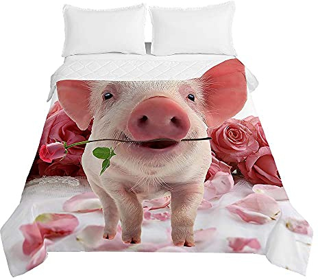 OURS Boutis Couvre Lit Matelassé de Microfibre, Oduo 3D Impression Dessus Couverture Climatisation Couette Parure de Lit Èté Canapé l'Air Conditionné Courtepointe (Cochon Rose,180x220cm)