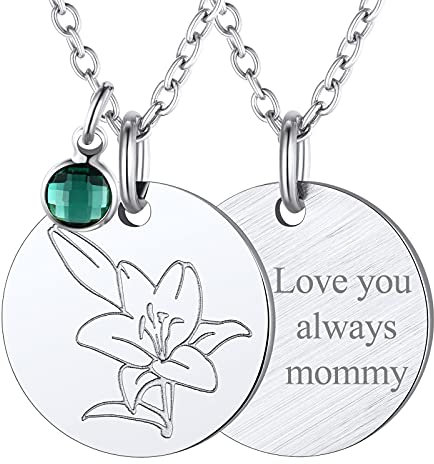 FindChic Geburtsblumen Lilie Kette Edelstahl Personalisierbare Münze Anhänger mit Gravur Damen Mai Geburtsstein Halskette Verstellbare Länge 45+5cm Silber