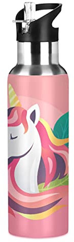 Vnurnrn Jolie Licorne Arc-En-Ciel Bouteille d'eau Isotherme avec Paille en Acier Inoxydable Gourde 600ML, Sans Bpa Gourdes Eau pour Enfant Sport Randonnée École Bureau