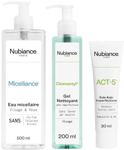 NUBIANCE - Anti-Unreinheiten Routine ACT-5: Aknebehandlung + Micelliance: Mizellenwasser 0% ohne Farbstoffe, ohne Duftstoffe + Cleanactyl Gesichtsreinigungsgel Reinigend