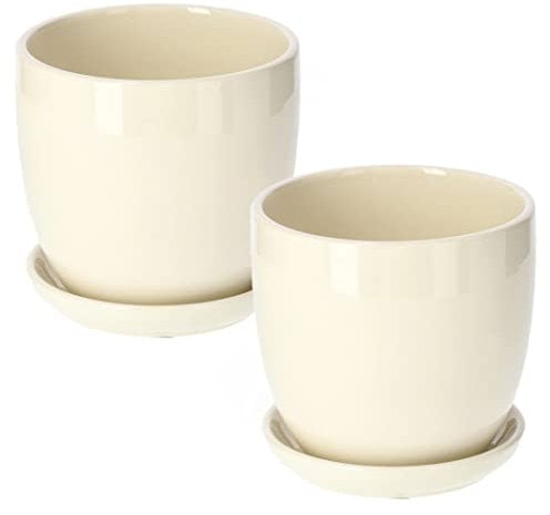 KOTARBAU® 2 x Maceteros con Plato de cerámica esmaltada, 13 cm, Maceta Beige, Tiesto Decorativo para Plantas, Maceta con Plato y Orificio de Drenaje, Reflejo Brillante, Macetas de Ceramica 2 UDS