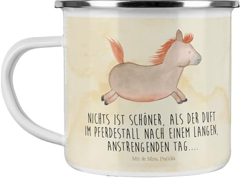 Mr. & Mrs. Panda Camping Emaille Tasse Pferd Springen - Geschenk, Hoftiere, ausreiten, Bauernhof, Campingbecher, Emaille Tasse Camping, Pony, Camping