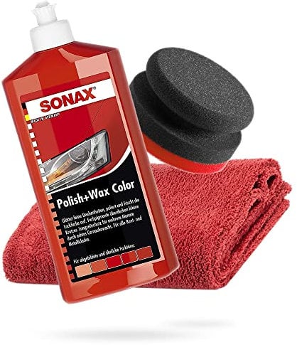 detailmate SONAX Hand Polier Bundle - SONAX Polish+Wax Color rot 500ml Handpolierschwamm hart Ø90/50mm Edgeless Mikrofaser Poliertuch 550GSM rot