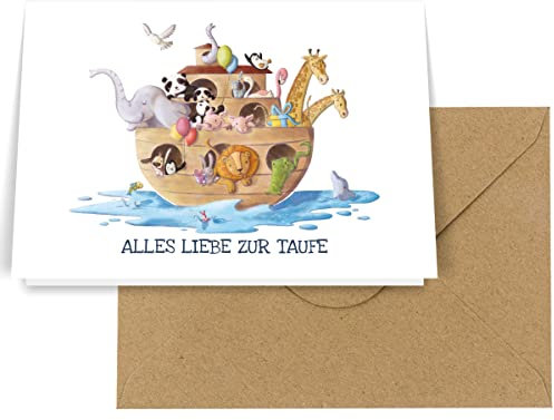 Karte zur Taufe, Glückwunschkarte mit Arche Noah und Regenbogen, Taufkarte für Patenkind, Mädchen und Junge - Glückwunsch Klappkarte als persönlicher Gruß zum Taufgeschenk (Karte + Umschlag)