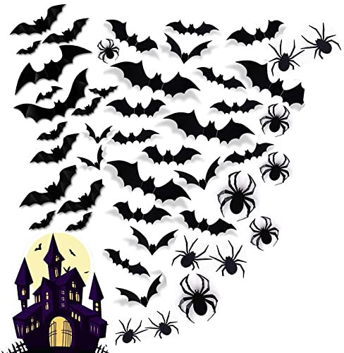 Halloween 3D Fledermäuse Wand Aufkleber, Halloween Wand Fledermäuse Spinnen, 124 Stück 11größen, Flügel Faltbar Scary Fledermäuse Spinnen,für Dekoration Halloween Party Haus Fenster Wanddekoration