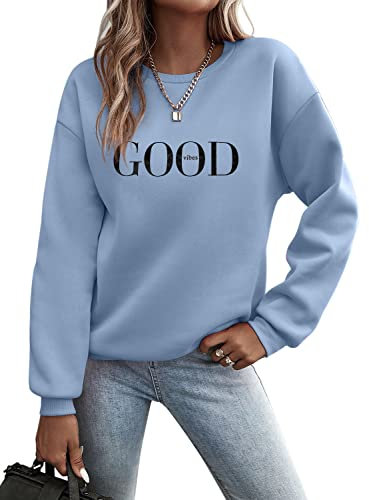 Minetom Pullover Damen Sweatshirt Briefe Drucken Langarm Rundhals Pulli Herbst Winter Frauen Buchstaben Druck Locker Casual Oberteil Sport Streetwear Sweatshirts ohne Kapuze Bluse Tops A Blau L