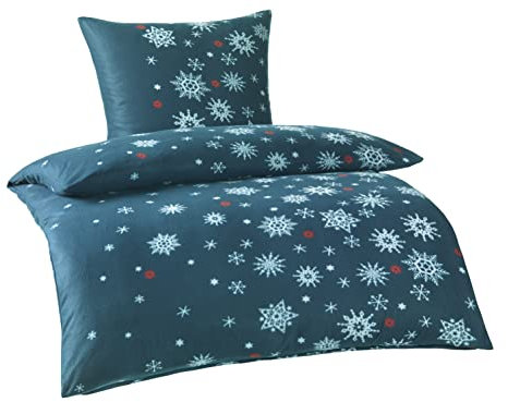 BaSaTex Winter Flausch Bettwäsche Bett Garnitur 2-teiliges Set | 135x200 + 80x80 cm | 100% Microfaser Fleece Thermofleece | Schneeflocken Smaragd