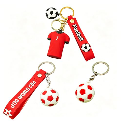 Floatdream 3 Stücke Fußball Schlüsselanhänger, No.7 Jersey Schlüsselanhänger, 3D Sport Keychain, für Souvenirs, Rucksackverzierungen, Fußballfans (Rot)