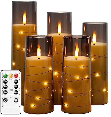 kakoya Flameless LED Candles with Timer 5 Pc Flickering Flameless Candles for Romantic Ambiance and Home Decoration Stable Acrylic Shell,with Embedded Star String，Battery Operated Candles（Grey）