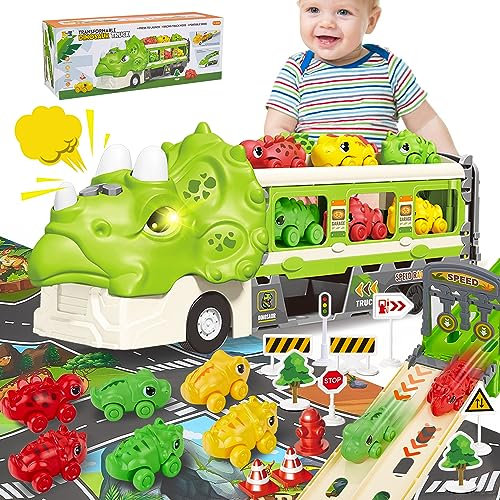 MOJINO Dinosaurier Transportwagen Spielset für Kinder von 3 bis 8 Jahren, Triceratops Transport Auto Spielzeug mit 6 Dino Figuren, Aktivitäts Spielmatte, Dinosaurier Autospielzeug für Jungen Mädchen.