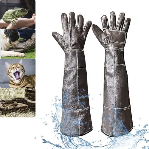 FIPASEN Imperméable Gants de Manutention pour Animal, 60CM/ 23,6 Pouces Gants en Cuir Renforcé Anti-Morsure pour Le Bain, Le Toilettage, la Manipulation Chat Chien Rat Serpent Lézard Faucon Reptile