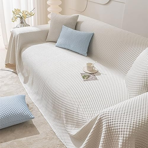Mesnt Sofabezug 4 Sitzer Big Sofa, Chenille Sofaüberwurf Decke Couch Einfarbig mit körniger Textur Cremiges Beige, 210x400CM