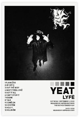 Yeat Lyfe Leinwand-Poster, Rapper Album Cover, Moderne Wandkunst für Wohnzimmer Schlafzimmer Schlafsaal Dekoration Ungerahmt 40x60cm