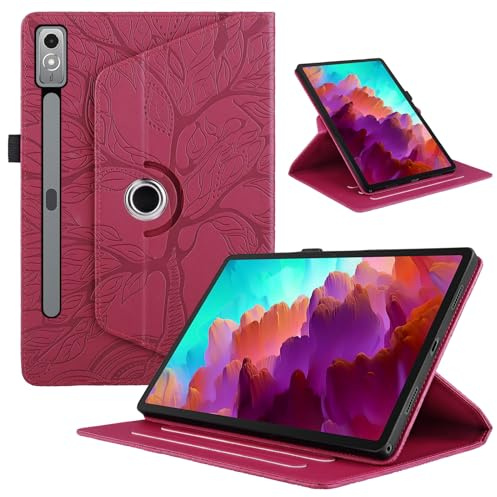 TEDTIKJT Coque pour Tablette Lenovo Xiaoxin Pad Pro/Lenovo Tab P12 12.7 Pouces 2023 Etui Rotatif 360 Housse PU Cuir Flip Protection Cover Case avec Fonction de Support, Rouge Arbre