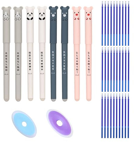 YHUIKXIN Radierbarer Kugelschreiber, 8 Stück Tintenroller Radierbar 0.35mm Cartoon Löschbarer Stift mit 30 Nachfüllungen und 2 Radiergummis Gelstiften für Studenten Schule Büro (Blau)