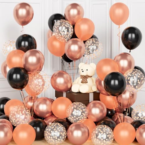 Black Rose Gold Balloons, 60Pcs 12 Inch Matte Black Pearly Metallic Rose Gold Party Balloons Set with Rose Gold Confetti Latex Balloons for Birthday Wedding Baby Shower Anniversary Decorations
