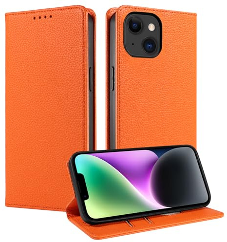 FERLAN Cover compatible with iPhone 14 Case Leather Wallet Book Flip Folio Stand View Magnetic Closure with Card Slots Cover PU Leather Wallet Case (orange)