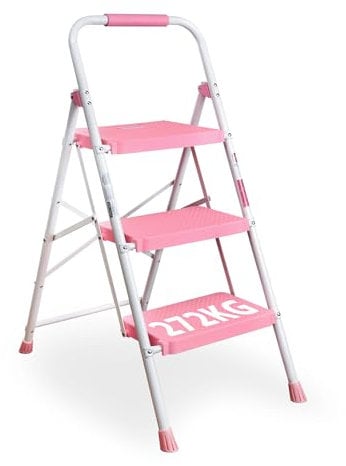 BONTEC Escabeau 3 Marches, Charge 150 kg Escabeau Pliable, Larges Marche Pied Pliable Antidérapantes, Tabouret en Acier Marche Pied Adulte, Poignée en Éponge, pour Bureau/Cuisine, Rose