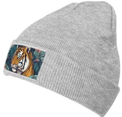 Mütze mit tropischem Tiger-Druck, für Damen und Herren, Strickmütze, warme Wintermütze, modische Mütze mit Bündchen, grau, One size