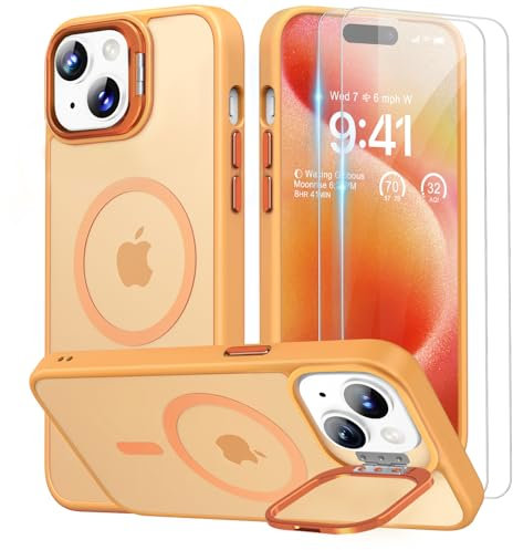 Beeasy for iPhone 15 Case MagSafe Phone Case with 2 Screen Protectors and Stand, Military Shockproof Protective Slim Cover, Case for iPhone 15 6.1 Inch, Translucent Orange