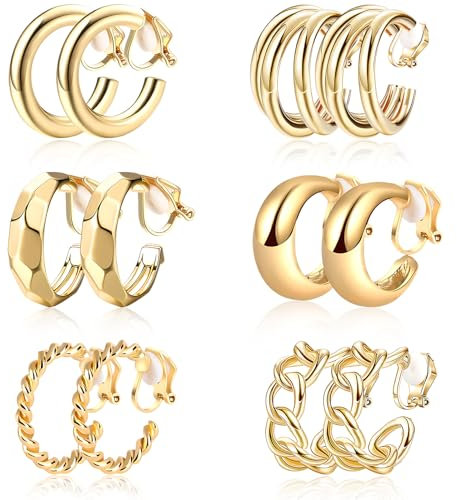 Clip ohrringe 6 Paar Gold Ohrclips für Damen ohrringe ohne ohrloch in 6 Ausführungen Clip on Ohrringe Gold Set Fake Ohrringe für Damen Mädchen Geschenk Hypoallergen