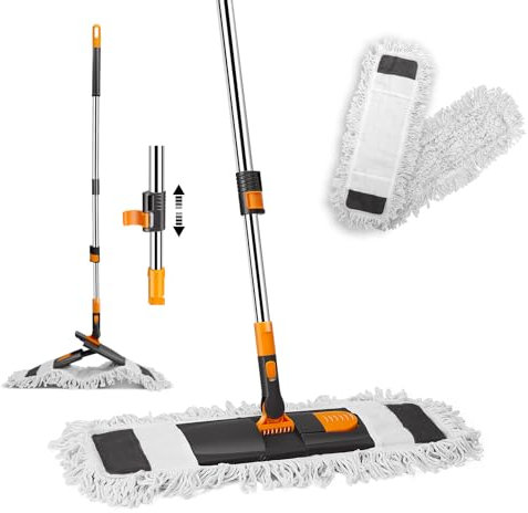 Myiosus Grande mocio piatto, 60 cm, industriale, con 2 tamponi di cotone riutilizzabili e manico telescopico da 126 cm, per pavimenti duri, laminati, legno, vinile, piastrelle