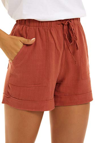 SMENG Damen Kurze Hosen Damen Sommer Workout Baumwoll Shorts Kurze Hose für Damen Lounge Einfarbig Lose Freizeithose mit Taschen Orange L