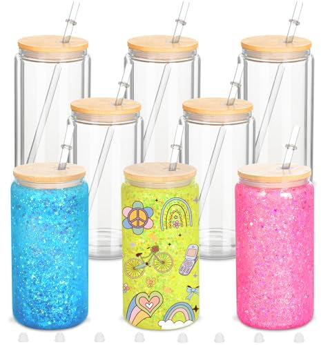 Micellwuu 8 Pack 16 Oz Sublimation Snow Globe Tumbler, Snow Globe Cups with Pre Drilled Hole, Double Wall Beer Can Glass Mason Jar Mug with Bamboo Lids and Straws for Snowglobe DIY