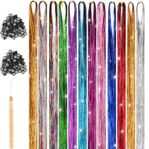 Hair Tinsel,48 Inches Haar Lametta mit Werkzeug,12 Farben Glitzer Haarsträhnen zum Flechten Haar Lametta,Sparkle Tinsel Hair Extensions für Frauen Mädchen Kinder Cosplay Party Zubehör