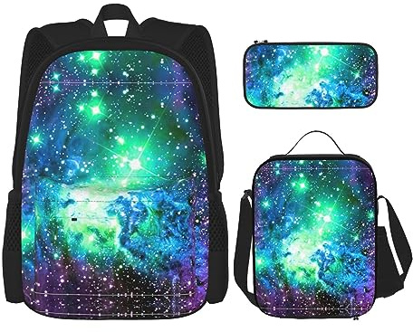 WURTON Set 3 in 1 di borse per libri con stampa galassia verde, blu, viola, borsa per il pranzo, borsa portapranzo, astuccio, nero, Taglia unica