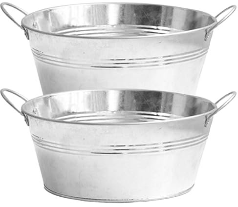 Fioriera zincata 2 pcs grande vasca galvanizzata rotonda con manici robusti 9.76x4,33 pollici di fioriera in metallo vasca di zinco per piantagioni, bevande più fresco, secchio di ghiaccio, fioriera