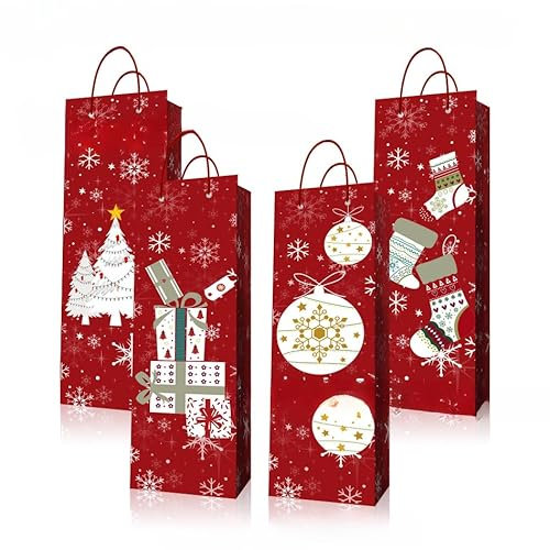 POPOYU 12 Stück Geschenktüten Flaschen Weihnachten,Geschenktüten Wein Weihnachten Set,Kraftpapier Tüten Rot Mit Henkel,Weihnachts Flaschentüten für Weinflaschen, Weihnachtsverpackung(36x12x8cm)