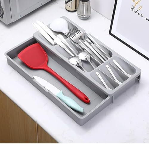 Zargun Cutlery Drawer Organiser – Compact Utensil Tray for Kitchen, Expandable Knife & Fork Drawer Insert, Adjustable Plastic Silverware Holder for Spoon Storage, Grey