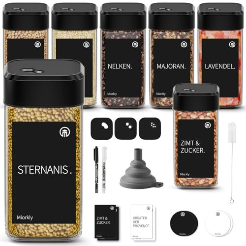 Miorkly Gewürzgläser Eckig Set, 6er*120ML Gewürzgläser Schwarz mit Streueinsatz, Gewürzstreuer Glas Gewürzdosen Leer Set, Gewürzbehälter, Spice Jars, Aufbewahrung Gewürz Organizer Gewurzglaserset