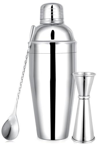 BARsics Coctelera de acero inoxidable de 24 onzas, medidor de 1 onza/2 onzas y cuchara mezcladora de 8 pulgadas