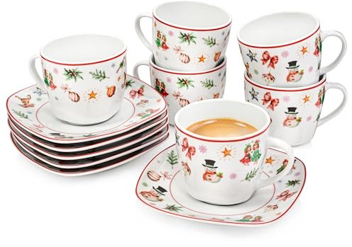 Sänger | Tassen Set mit Untertasse Bilgola Christmas Design 12 tlg, Kaffeetassen 6 Personen, Porzellan Kaffeeservice Kaffeetasse mit Untertasse, Weiß mit Weihnachtsmotiven 175 ml | PREMIUM COLLECTION