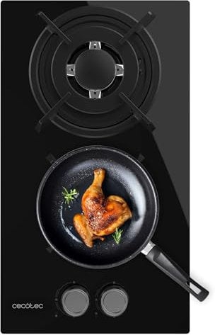 Cecotec Placa de Gas 2 Fuegos para Gas Natural y Butano Bolero Squad G 2200S Glass Black. 5,25kW, Cristal Negro, Parrillas Individuales Hierro Fundido, Quemador WOK Triple Corona, Encendido Eléctrico