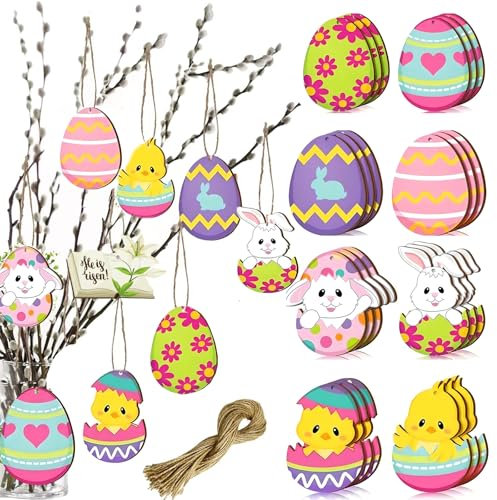24 Stück holzanhänger Ostern, 8 osterdeko Holz, Ostereier, Küken,Blumen hase deko Muster, anhänger Ostern Geeignet für deko Ostern Charms